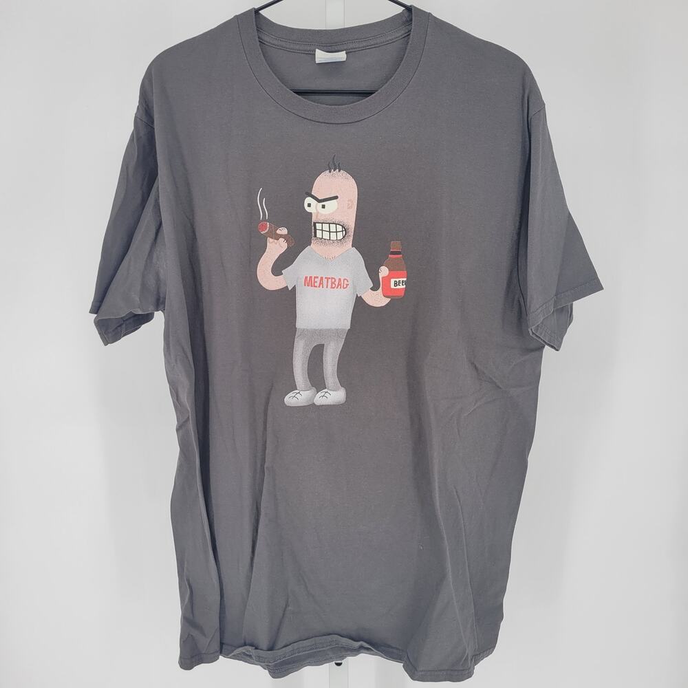 Mens Sz L Short Sleeve T Shirt Funny Meatbag Holding Beer and Cigar  Port & Co